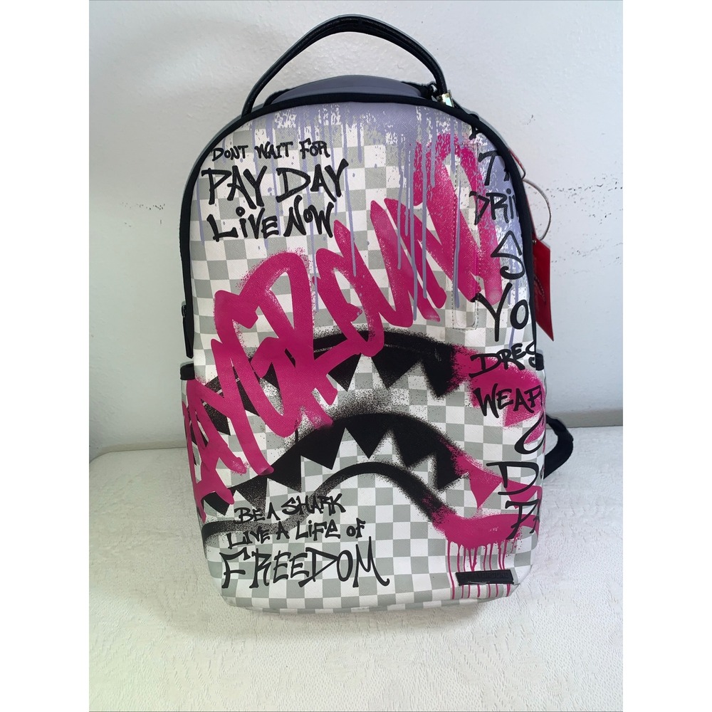 Sprayground Graffiti Shark Checkered Backpack Pink Grey Streetwear Bag